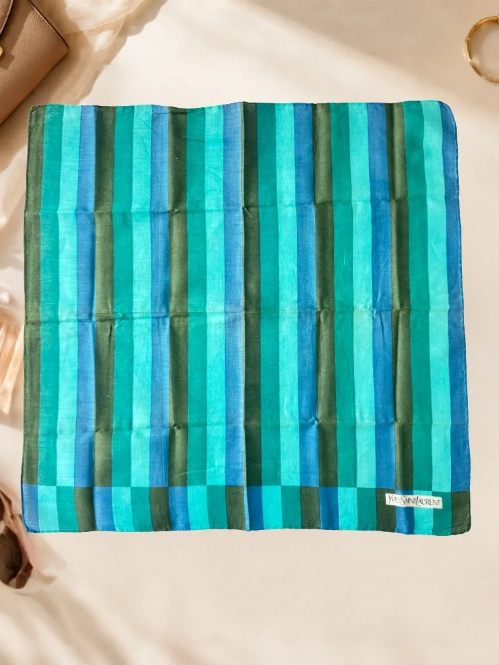 Vintage Yves Saint Laurent Green Handkerchief Geometric Scarf Neckerchief 17.5